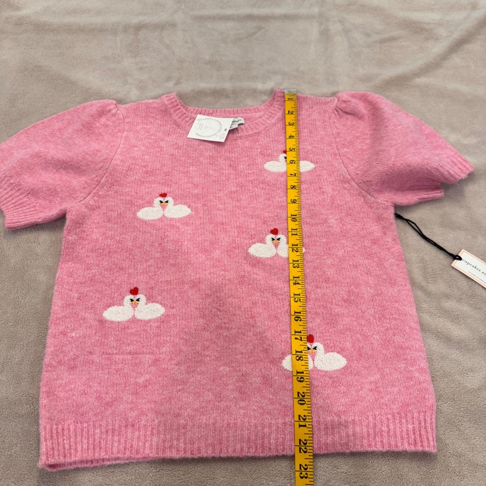 NWT Pink Swan Embroidered Puff Sleeve‎ Novelty Coquette Sweater SZ L - Picture 7 of 9